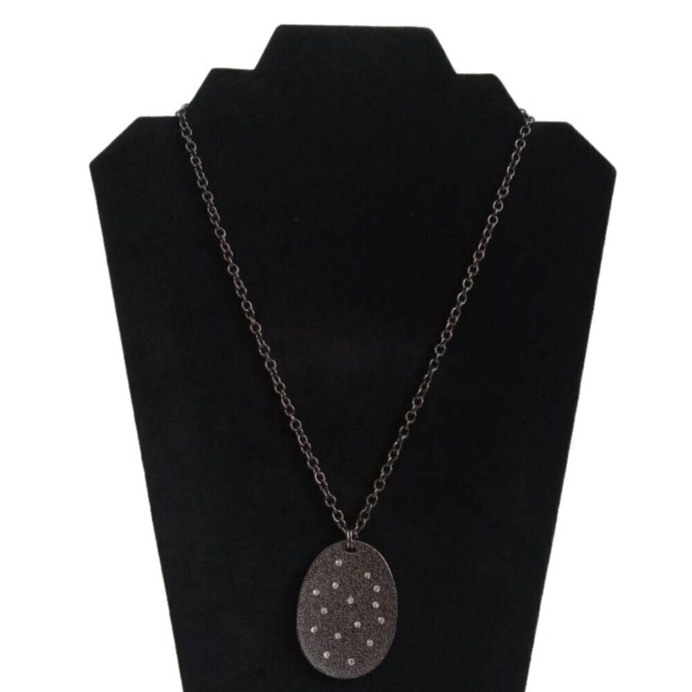 Bill Blass Gunmetal Gray Single Strand Dotted Rhinestones Oval Pendant Necklace